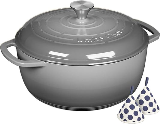 Enameled Cast Iron Dutch Oven - Umite Chef 6QT Pot with Lid & Cotton Potholders - Dual Handles -Versatile Heavy Duty Cookware for Bread Baking，Braising, Stews, Roasting（Grey）