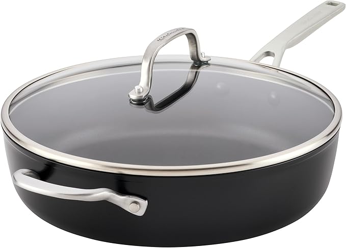 KitchenAid Hard Anodized Induction Nonstick Cookware Saute Pan/Jumbo Cooker with Lid and Helper Handle, Dishwasher Safe, 5 Quart Non Stick Sauteuse with Stainless Steel Handles - Matte Black