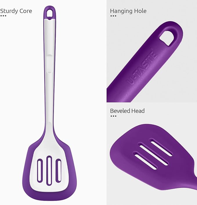 600쨘F Heat Resistant Slotted Turner: U-Taste 13.6in Silicone Kitchen Spatula Flipper, 3.74in Wide Food Grade Flexible Thin Rubber Cooking Utensil for Egg, Pancake, Cookie in Nonstick Cookware (Purple)