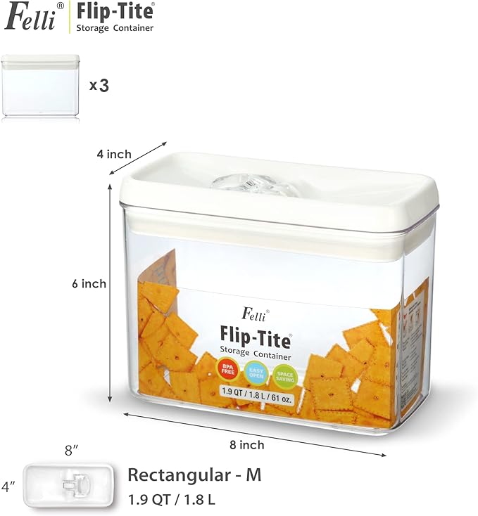 Felli Flip Tite Storage Container with Lid 4??RECTANGULAR Airtight Ring Flip Top, Stackable Kitchen Counter Pantry Organizer Acrylic Canister Jar for Pasta Spaghetti Cereal Granola Coffee (1.9qt)
