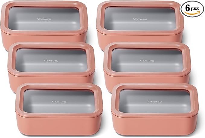 Caraway 6pc Glass Food Storage Set ??6.6 Cup Food Containers (6) - Ceramic Coated - Non Toxic, Non Stick with Lids - Microwave Safe - Perracotta