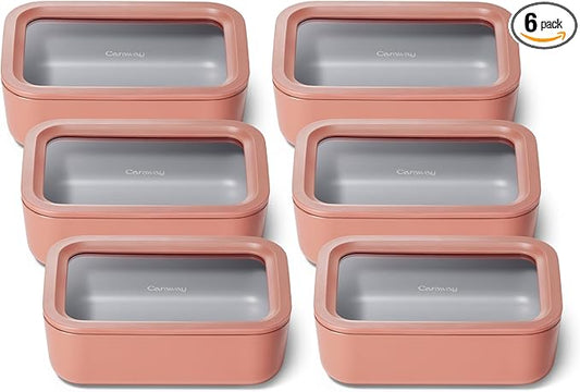 Caraway 6pc Glass Food Storage Set ??6.6 Cup Food Containers (6) - Ceramic Coated - Non Toxic, Non Stick with Lids - Microwave Safe - Perracotta