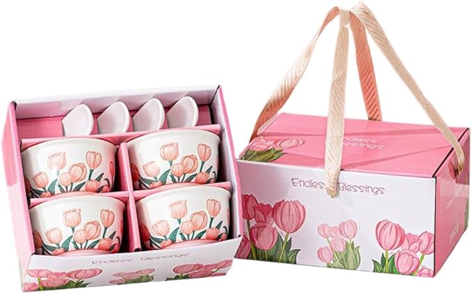 Premium Ceramic Dinnerware Set ??Floral Bowls & Plates Set, Elegant Hand-Painted Design, Microwave Safe, Ideal for Wedding/Housewarming/Corporate Gifts (Tulip, 4*bowls+spoons)