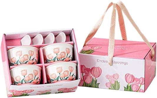 Premium Ceramic Dinnerware Set ??Floral Bowls & Plates Set, Elegant Hand-Painted Design, Microwave Safe, Ideal for Wedding/Housewarming/Corporate Gifts (Tulip, 4*bowls+spoons)