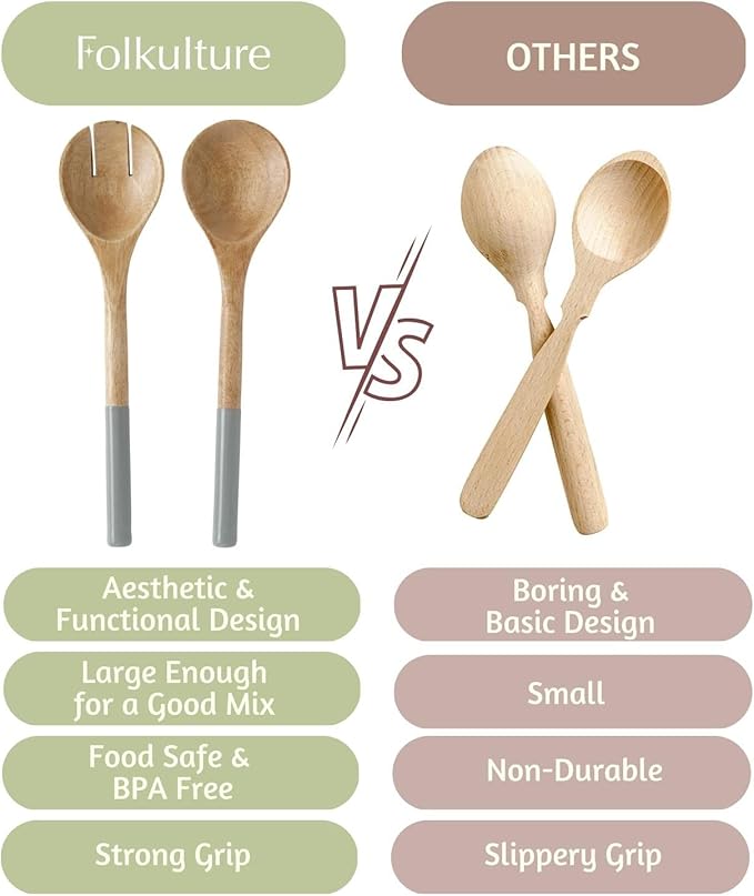 Folkulture Salad Servers or Salad Tongs | Set of 2 (12") Serving Spoons in Kitchen Essentials or Salad Hands Set | Wooden Salad Tongs for Serving | Christmas Gifts for Women Unique