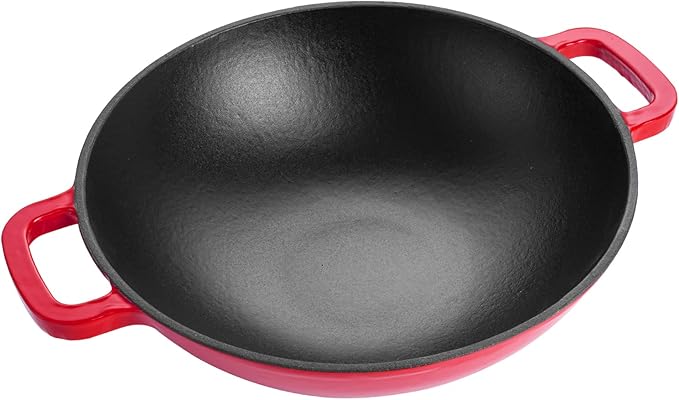 Magefesa FERRO 11.8" Cast Iron Red Wok with Enameled Cover & Inner Layer, Superior Heat Retention & Distribution, Induction & Oven Safe, Energy-Efficient, Durable, Easy to Clean