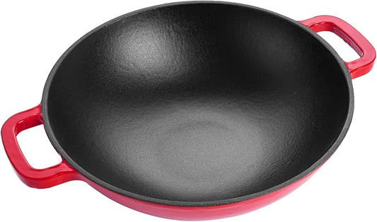 Magefesa FERRO 11.8" Cast Iron Red Wok with Enameled Cover & Inner Layer, Superior Heat Retention & Distribution, Induction & Oven Safe, Energy-Efficient, Durable, Easy to Clean