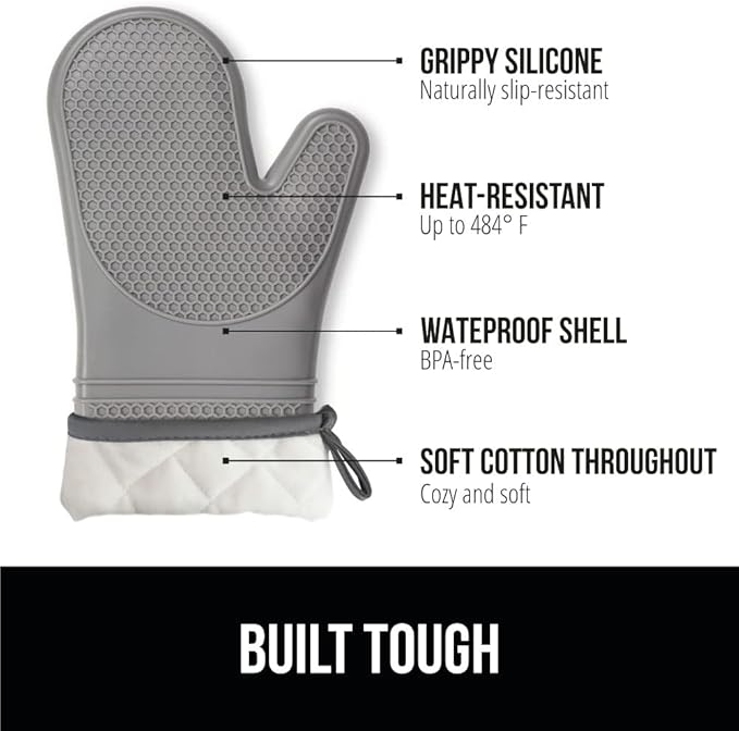 GORILLA GRIP BPA-Free Soft Silicone Oven Mitts, 14.5x8.3, Heat Resistant and Waterproof Cooking Gloves, Thick Cotton Lining, Flexible Gripping for Baking Grilling, Kitchen Potholders Set of 2, Gray