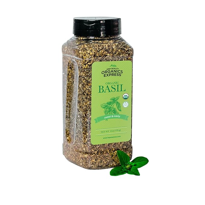 HQOExpress Organic Basil Medium Cut ??Non GMO, Kosher, USDA Certified Organic Basil Leaves, Dried and Ground ??Peppery and Aromatic Seasoning for Soups, Sauces, Dressings and Salads, 6 oz. Chef Jar