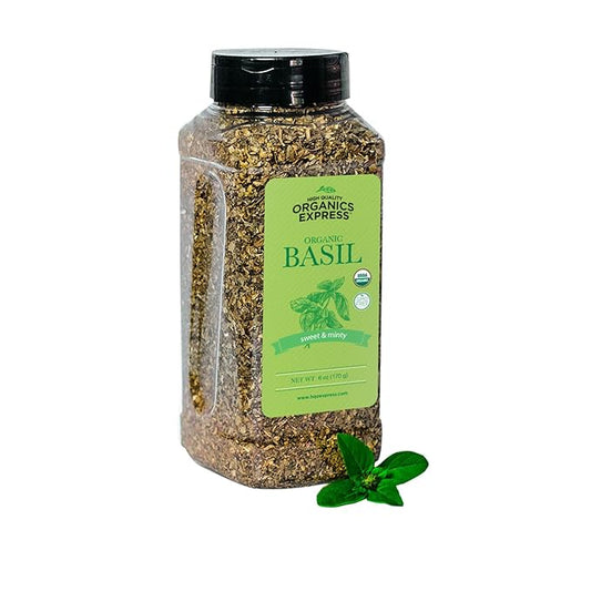 HQOExpress Organic Basil Medium Cut ??Non GMO, Kosher, USDA Certified Organic Basil Leaves, Dried and Ground ??Peppery and Aromatic Seasoning for Soups, Sauces, Dressings and Salads, 6 oz. Chef Jar