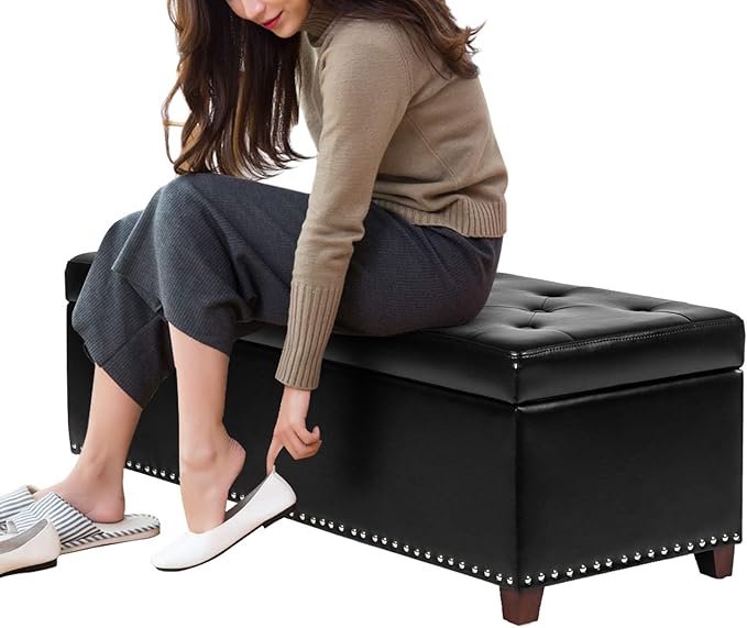 Joveco 47 Inch Storage Ottoman Bench,Tufted Leather Storage Bench with Nailhead Trim for Bedroom (47??Black)