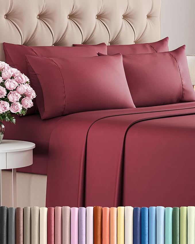 King 6 Piece Sheet Set - Cooling & Breathable Bed Sheets - Hotel Luxury Bed Sheets for Women, Men, Kids & Teens - Comfy Bedding w/Deep Pockets & Easy Fit - Soft & Wrinkle Free - King Burgundy Sheets