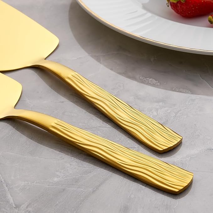 Gold Cake Pie Server, 9.3-inch Stainless Steel Pizza Pie Pastry Server, Set of 3, Cake Serving Set with fashion patterns, Dishwasher Safe