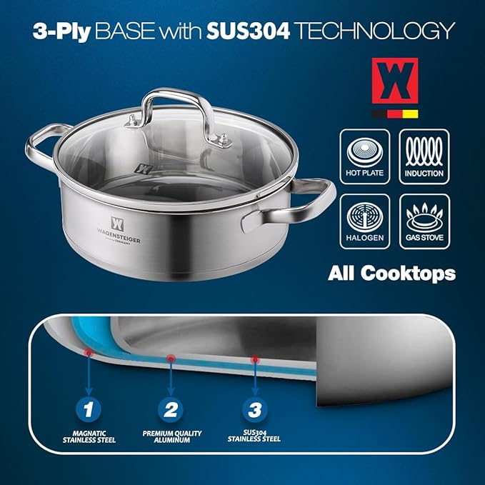 4.3 Quart Casserole Pot/Dutch Oven/Saute Pan, 3-Ply Stainless Steel with Aluminum Core, Tempered Glass Lid, Ergonomic Handles, All Cooktops Compatible (9.84" Diameter Casserole)