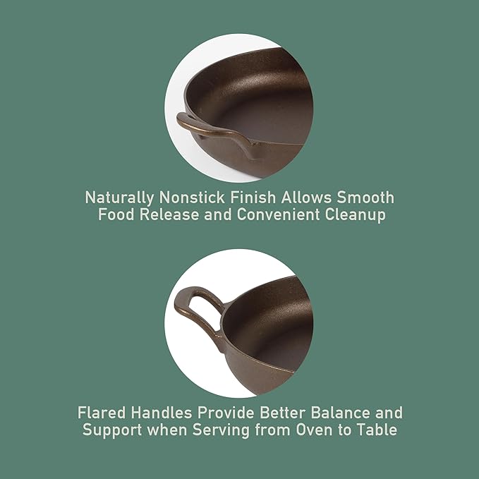 Bloomhouse - Two Time Oprah's Favorite Things Winner - Natural Bronze Finish 10" Cast Iron Skillet w/Long Handle, Helper Handle & Olive Wood Trivet ??Olive Oil Treated Fry Pan, Oven & Stovetop Safe
