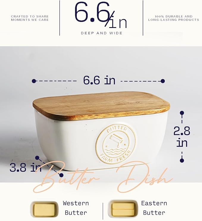 Getstar Ceramic Butter Dish with Acacia Lid for Countertop, Silicone Sealing, Farmhouse Kitchen Counter Decor, Large Butter Keeper Container (6.5?쓝4??
