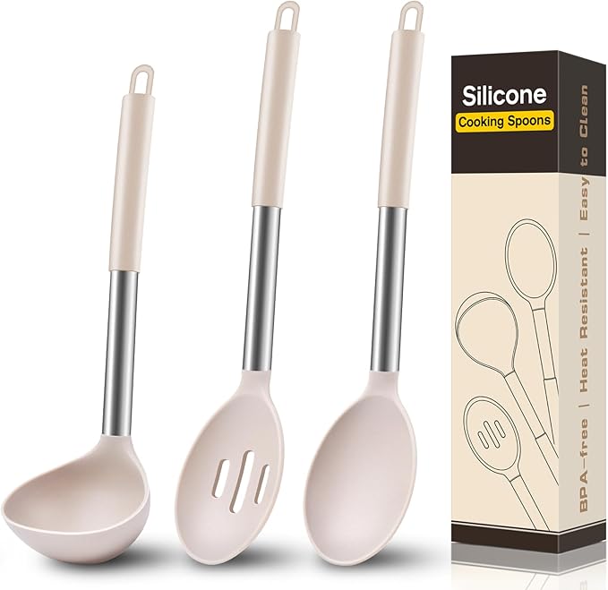 3Pcs Silicone Cooking Spoon Set, Kitchen Utensils Include Solid & Slotted Spoon, Soup Ladle, Food-Grade Heat Resistant 446째F, Non-Scratch Spoons for Serving, Stirring, Draining, Dishwasher Safe, Khaki