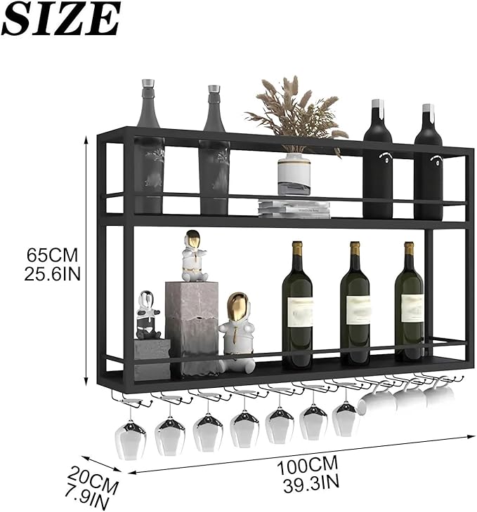 Industrial Wall Mounted Wine Rack, 2-Tier Wood Wine Bottle Shelf with Stemware Rack, Black Wine Glass Rack Multi Functional Wine Storage Display Rack for Home Bar Dining Room Kitchen (39.3횞7.8횞26in)
