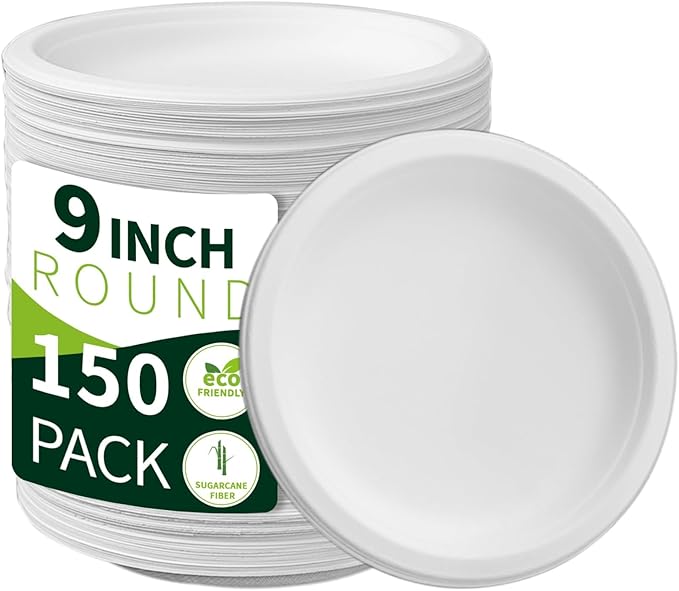 9 Inch Compostable Paper Plates ?륹hite150 Pack??100% Sugarcane Bagasse Medium Disposable Plates, Sturdy Heavy Duty, Biodegradable Dinnerware for Party, BBQ, Picnic, Camping