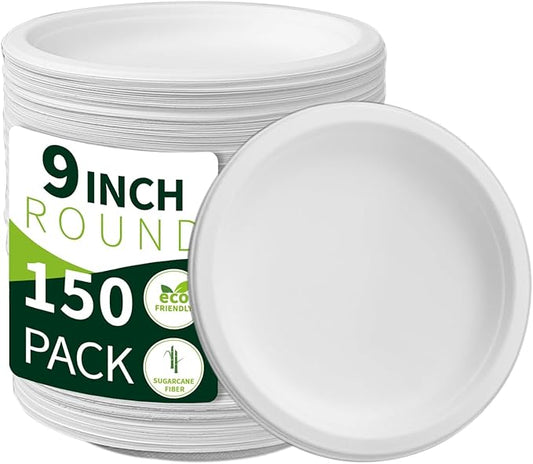 9 Inch Compostable Paper Plates ?륹hite150 Pack??100% Sugarcane Bagasse Medium Disposable Plates, Sturdy Heavy Duty, Biodegradable Dinnerware for Party, BBQ, Picnic, Camping