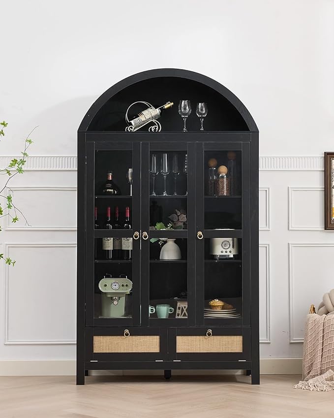 TYBOATLE 75 Inch Arched Cabinet Classic Farmhouse Design w/Three Glass Doors, Arch Cabinet w/Rattan Drawers and Anti-Tipping Device, Versatile Cupboard for Kitchen, Bathroom, Black