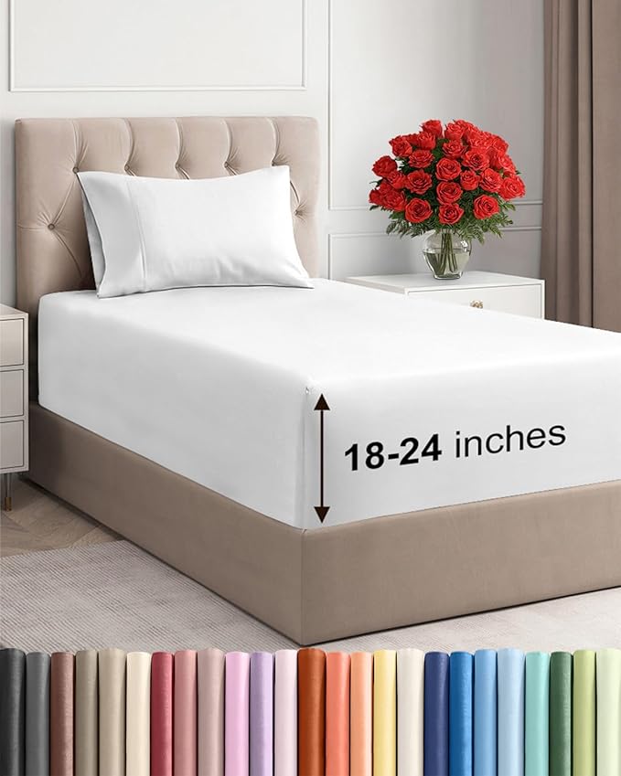 Extra Deep Pocket Twin Sheets - 3 Piece Breathable & Cooling Bed Sheets - Hotel Luxury Bed Sheet Set - Soft, Wrinkle Free & Comfy - Easily Fits Extra Deep Mattresses - Deep Pocket White Sheets Set