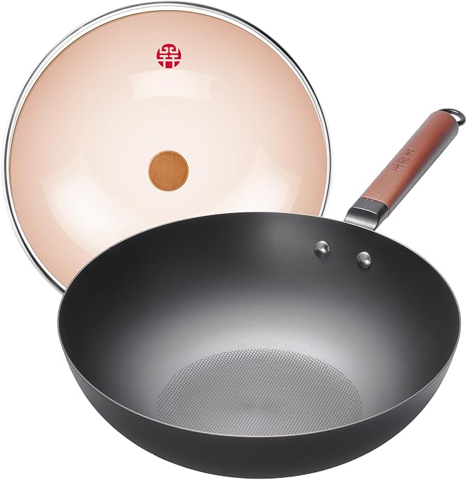 WANGYUANJI 12.6" Pure-Iron Wok with Glass Lid, Flat-Bottom Lightweight Chinese Stir-Fry Pan, Wooden Handle, Uncoated ??Induction/Gas/Electric Compatible, Not Pre-Seasoned (Seasoning Required)