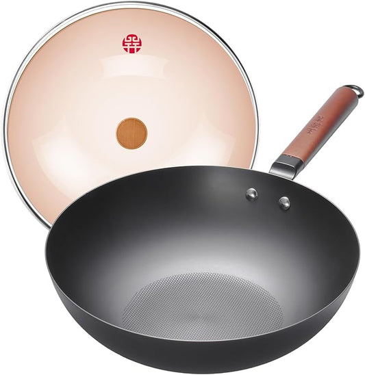WANGYUANJI 12.6" Pure-Iron Wok with Glass Lid, Flat-Bottom Lightweight Chinese Stir-Fry Pan, Wooden Handle, Uncoated ??Induction/Gas/Electric Compatible, Not Pre-Seasoned (Seasoning Required)