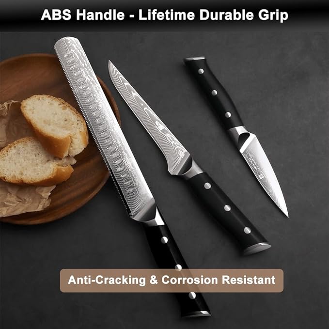 5-Piece Damascus Chef Knife Set: High Carbon Stainless Steel, Professional Ultra Sharp Kitchen Knives Set with Ergonomic Black Handle - Chef/Santoku/Paring/Bread/Brisket/Boning Knives in Gift Box