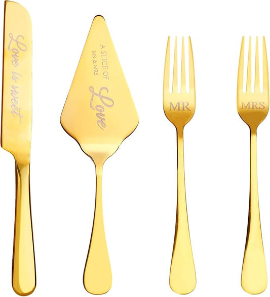 Wedding Cake Knife and Server Set with Forks for Bride and Groom, 4 Pieces Mr and Mrs Wedding Cake Cutting Set For Bridal Shower Gifts Couple Engagement Birthday Anniversary, Gold