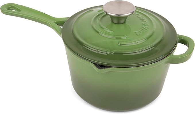 Larder & Vine Enameled Cast Iron Saucepan | 2.2 qt Sauce Pan with Lid | Saucepan with Pour Spouts | Enameled Cast Iron Pot Compatible on All Cooktops & Oven Safe to 500째 F | Okra