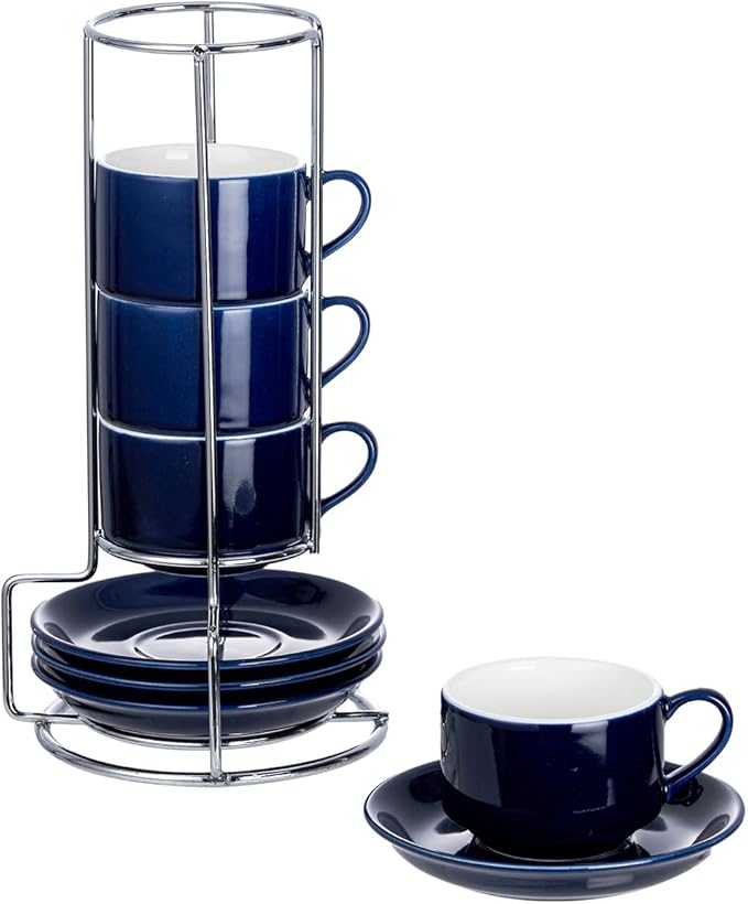 2.5oz Espresso Cups Set of 4, Small Stackable Coffee Cups with Saucers and Metal Stand, Ceramic Demitasse Cups, Cappuccino Cups for Coffee Drinks, Latte, Blue