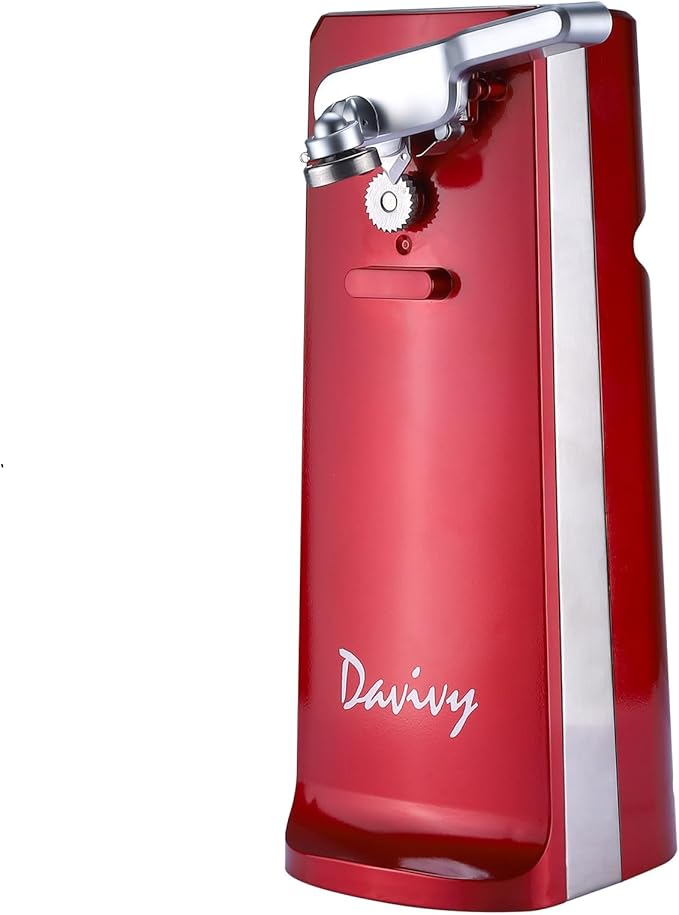Davivy Electric Can Opener, One Touch Lid Opening, Removable Stainless Steel Cutter and 3-in-1 Design, with Sharpener and Bottle Opener, Red (Red)