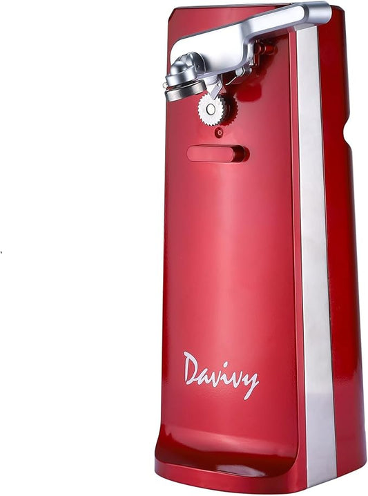 Davivy Electric Can Opener, One Touch Lid Opening, Removable Stainless Steel Cutter and 3-in-1 Design, with Sharpener and Bottle Opener, Red (Red)