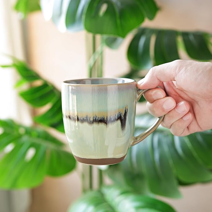 Bosmarlin Ceramic Coffee Mug Set of 4, 17 Oz, Coffee Cups with Big Handle, Microwave Safe, Unique Reactive Glaze (17 Oz, Turquoise Green Light)