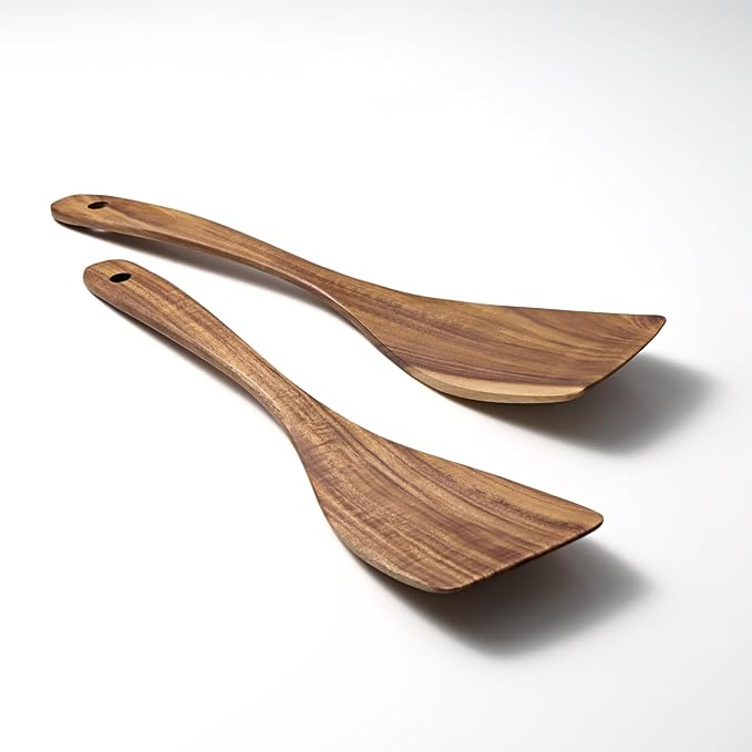 Wooden Spatula for Cooking - Wooden Spoons for Cooking - 12.5 Inch Teak Spatulas for Nonstick Pans - Wood Cooking Utensils - Wood Kitchen Utensils Set of 2 - Bamboo Spatulas - Wooden Turner Spatula