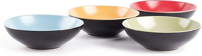 Stoneware Two-Tone Colors Life 16pc Dinnerware Set竊똎utside Shinny Black + Inside Matte Finished Very Funny - 4 Assorted Colors Turquoise, Olive, Curry and Red