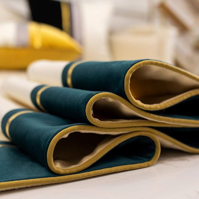 Avigers 12 x 90 Inch Decorative Luxury Green Teal White Gold Leather Striped Patchwork Velvet Table Runners with Tassels for Home Living Room Bedroom Art Decor Wedding