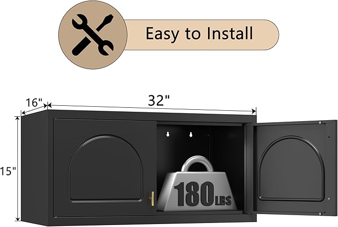 32" Metal Wall Cabinet 2 Doors,Black Hanging Cabinets with Handle,Bathroom Cabinet,Pantry Cabinet 16" D x 32" W x 15" H