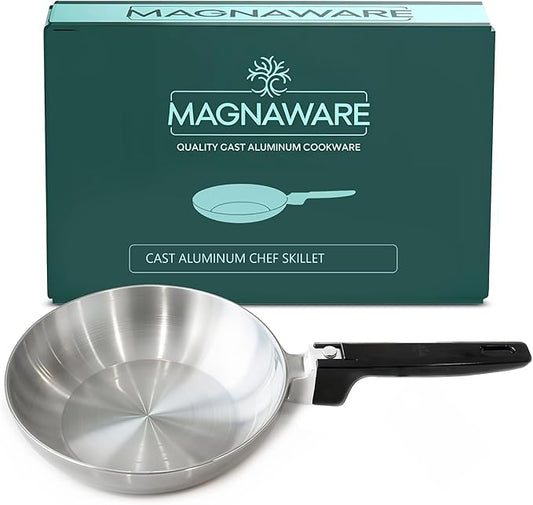 Chef Skillet ??Quick & Even Heat Distribution ??Lightweight Cast Aluminum Frying Pan ??No Seasoning Required ??PFOA & PTFE Free ??Oven Safe Up to 350째F ??Classic Vintage Design (11 Inch)