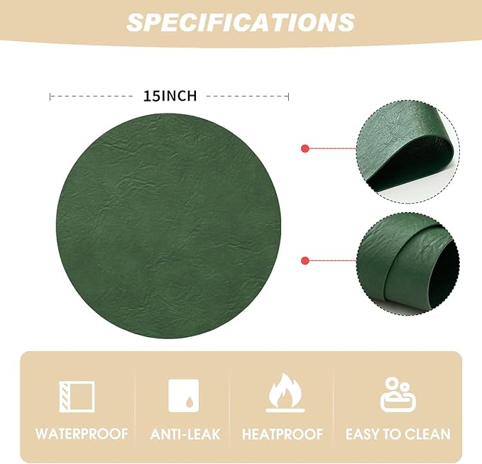 Artoid Mode Green Faux Leather Placemats Set of 4, 15 Inch Waterproof Wipeable Heat Resistant Place Mats, Reversible Table Mats for St. Patrick's Day Dining Decor