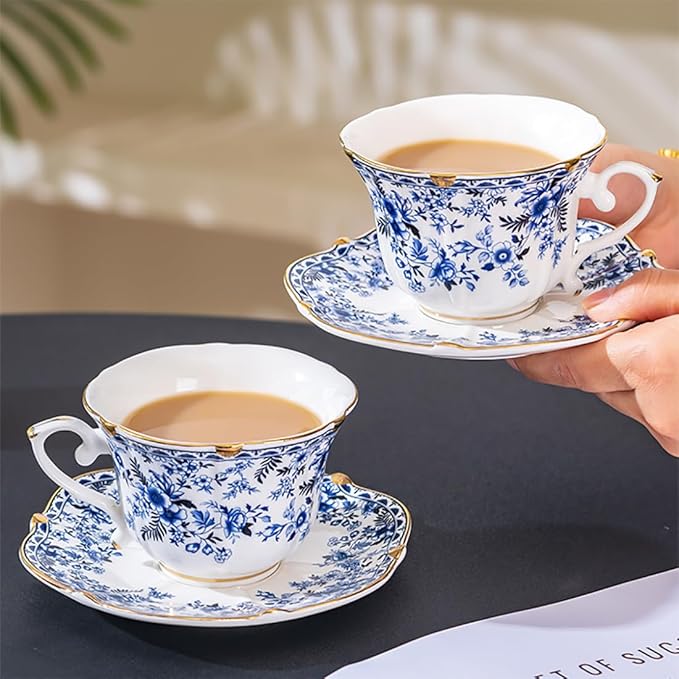 Noviko Ceramic Tea Cups and Saucers Set Vintage Floral Teacup for Women (2, Blue)
