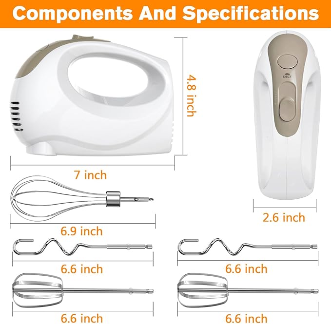 Handmixer - 5 Speed Portable Kitchen Mixer Electric Handheld with 5 Stainless Steel Accessories Whisk, Food Beater, ?ŒIvory