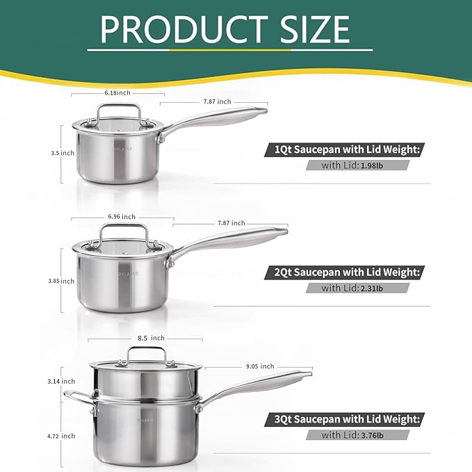 DELARLO Kitchen Pot Set, Tri-Ply Stainless Steel Saucepan Set, 1.0QT 2QT 3.5QT, Cooking Set, Fast Even Heat, Saucepan set Compatible with all Cooktops 600?됵펷Lids 300?됵펹3.5QT Pot with a Steamer