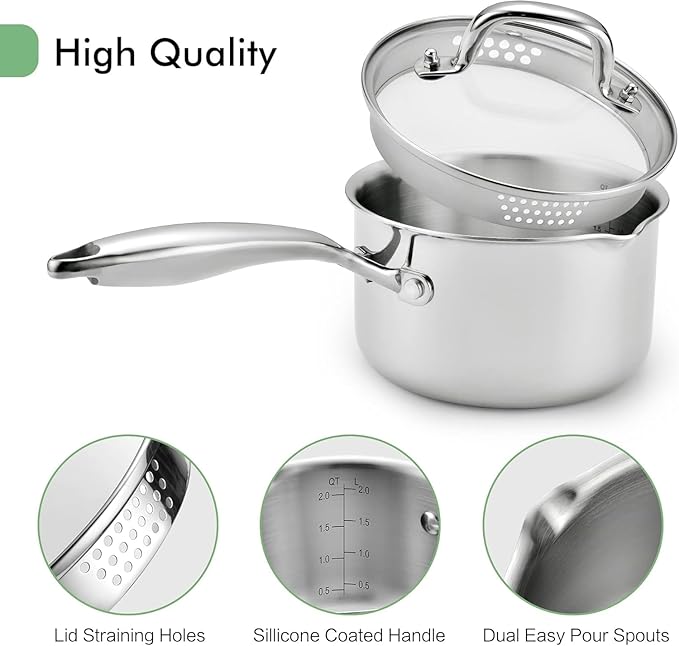 Tri-Ply Stainless Steel Sauce Pan with Steamer Basket & Strainer Glass Lid?밠ulti-Function Pot 3.5 QT- Modern Sleek Design?밪afe,Chemical-Free& Stylish Cookware?밬pgrade Your Kitchen with Healthy Cooking