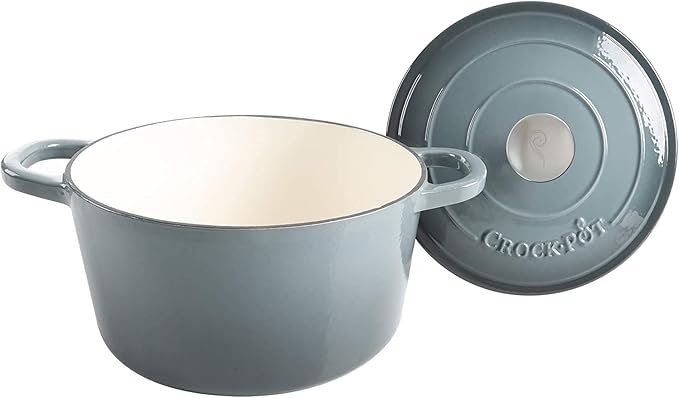Crock-Pot Artisan 7-Quart Round Enameled Cast Iron Dutch Oven ??Slate Gray, Heavy-Duty Cookware for Slow Cooking, Baking, Roasting with Lid