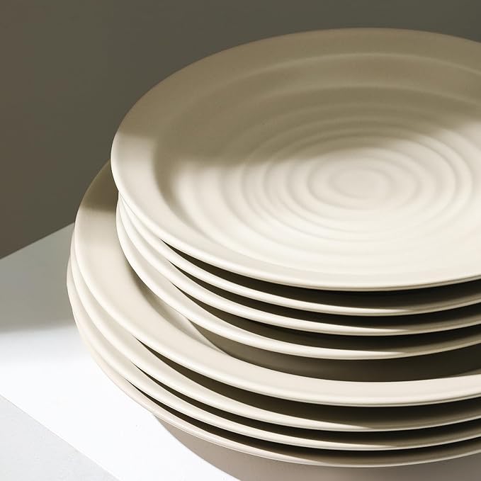 Stone Lain Orbit 12-Piece Dinnerware Set Stoneware, Plates and Bowls Set, Pasta Bowls, Microwave and Dishwasher Safe, Dish Set for 4, Beige