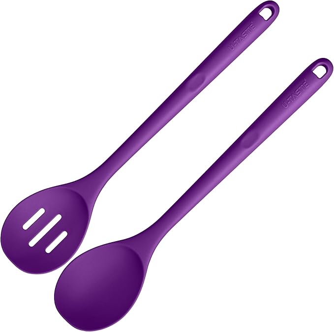 600쨘F Heat Resistant Silicone Spoons: U-Taste 13.3in Solid & Slotted Kitchen Cooking Spoon, Nonstick Food Grade Long Rubber Utensil, Sturdy for Mixing, Serving, Frying, Draining (Purple, 2PCS)