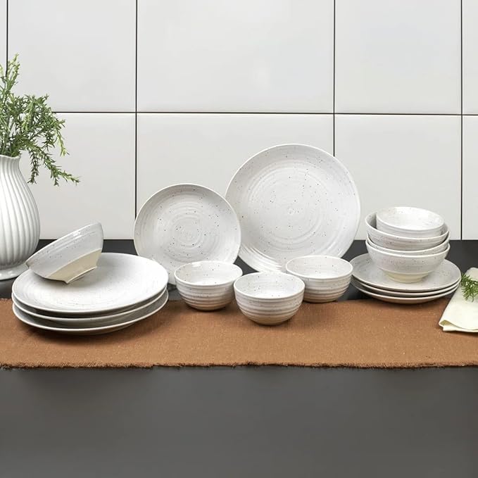 Sango Siterra 16-Piece Rustic White Stoneware Dinnerware Set ??Service for 4, White with Glossy Speckle Overlay, for Everyday Dining & Entertainment, Microwave & Dishwasher Safe