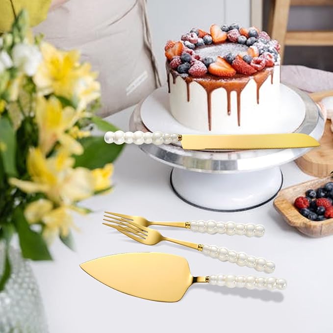 Wedding Cake Cutting Set, Wedding Cake Knife and Server Set, Ceramic Pearl Stainless Steel Pie Cutter, Bridal Shower Gifts, Engagement Gift for Couples (Silver, Set of 2)